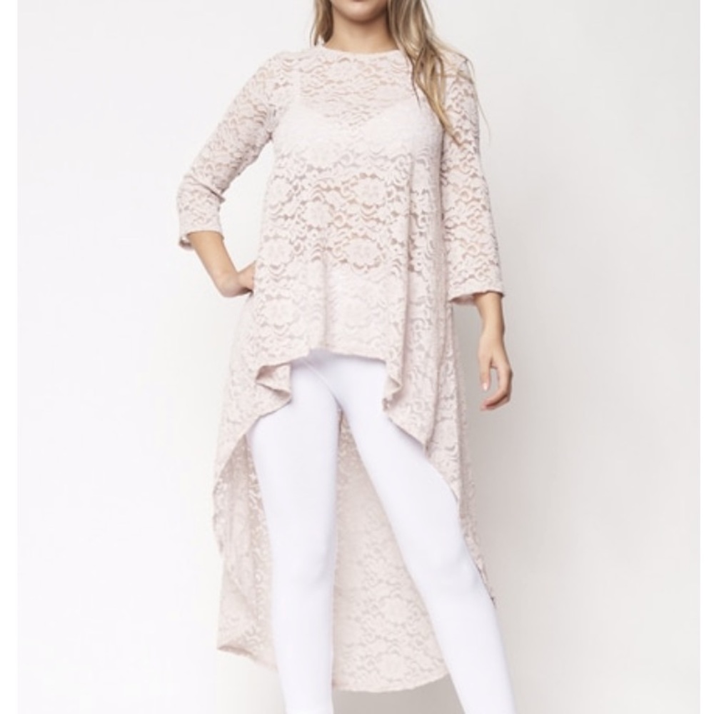❤️NEW S High Low Taupe Cream Lace Top - Picture 5 of 10